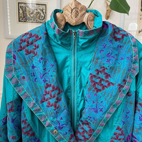 Vintage 90s 94 Lady Lavon Teal Satin Print Winderbreaker Jacket 1X - Picture 2 of 11
